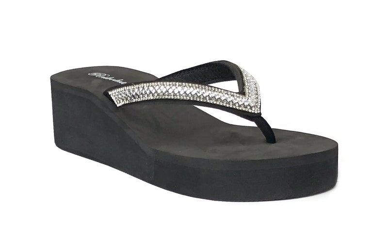 REDVOLUTION New Women's Rhinestone Sandals Platform T-Strap Jewel Sandals High Wedge Flip Flops (7, GEM [Black]) - Image 3